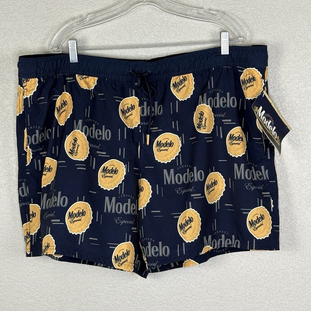NWT Modelo Men's Board Shorts Swim Trunks Cerveza Beer Navy Blue Gold Size 2XL